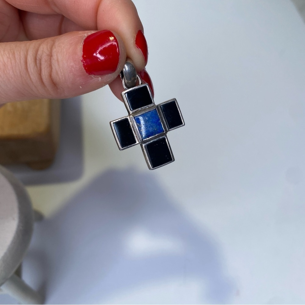Blue Lapis & Black Onyx Sterling Silver .925 Cross Pendant Thailand - Picture 2 of 6